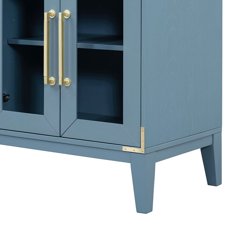 6-drawer and 2-Cabinet Retro Sideboard with Extra Large Storage Space, with Gold Handles and Solid Wood Legs, for Kitchen and Living Room (Antique Blue)