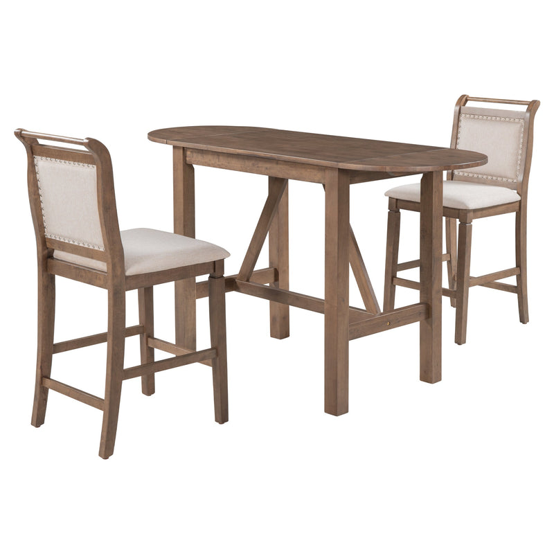 3-Piece Wood Counter Height Drop Leaf Dining Table Set with 2 Upholstered Dining Chairs for Small Place, Brown