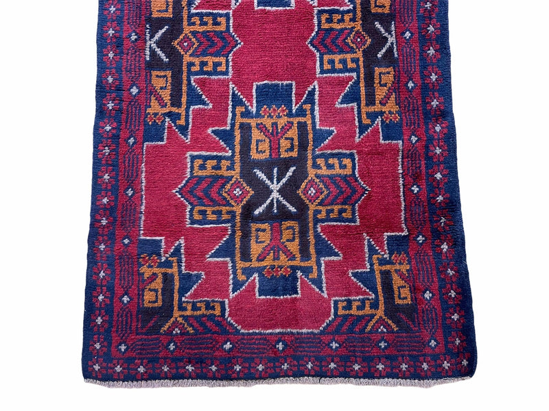 2' 8" X 4' 6" Vintage Handmade Tribal Wool Rug Balouchi Rug Afghan Rug Red Blue