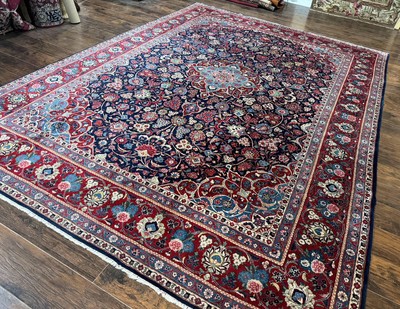 Navy Blue Persian Rug 9x12, Antique Persian Carpet, Kork Wool, 200 KPSI, Persian Kashan Rug