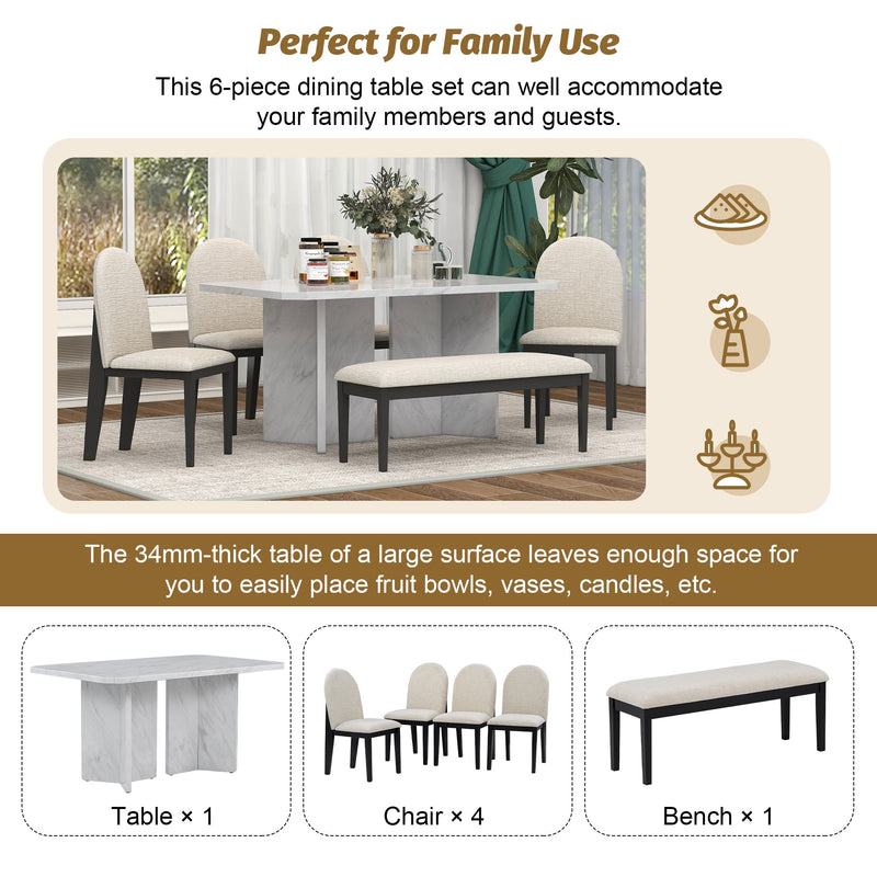 6-Piece Modern Style Dining Set with Faux Marble Table and 4 Upholstered Dining Chairs & 1 Bench (White)