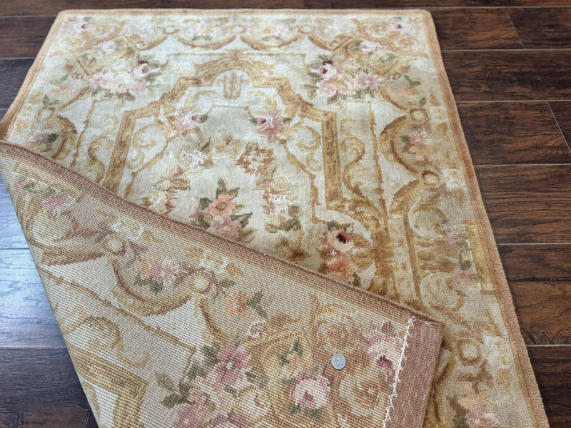 Chinese Aubusson Rug 3.6 x 5, Beige and Gold, Handmade Vintage Elegant European Design Carpet, Plush Wool, Handmade