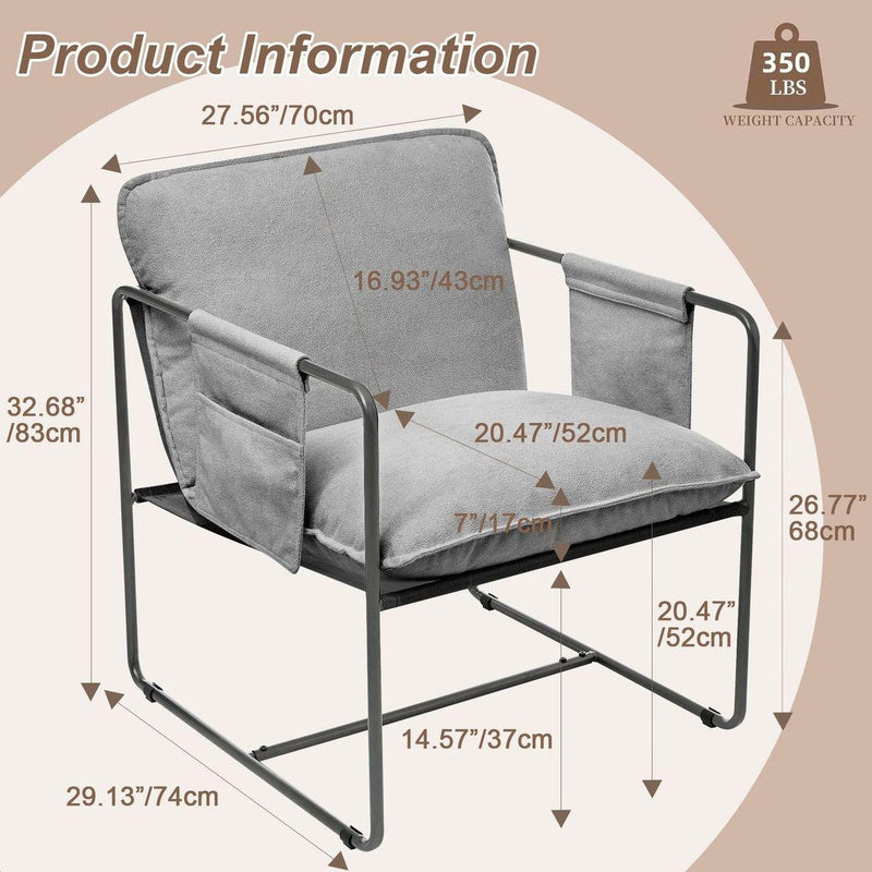 2 Sets 1 Case, Upholstered hanging armchair with arm pocket metal frame, crushed foamcushions and skin-friendly braid for living room and bedroom. Grey color