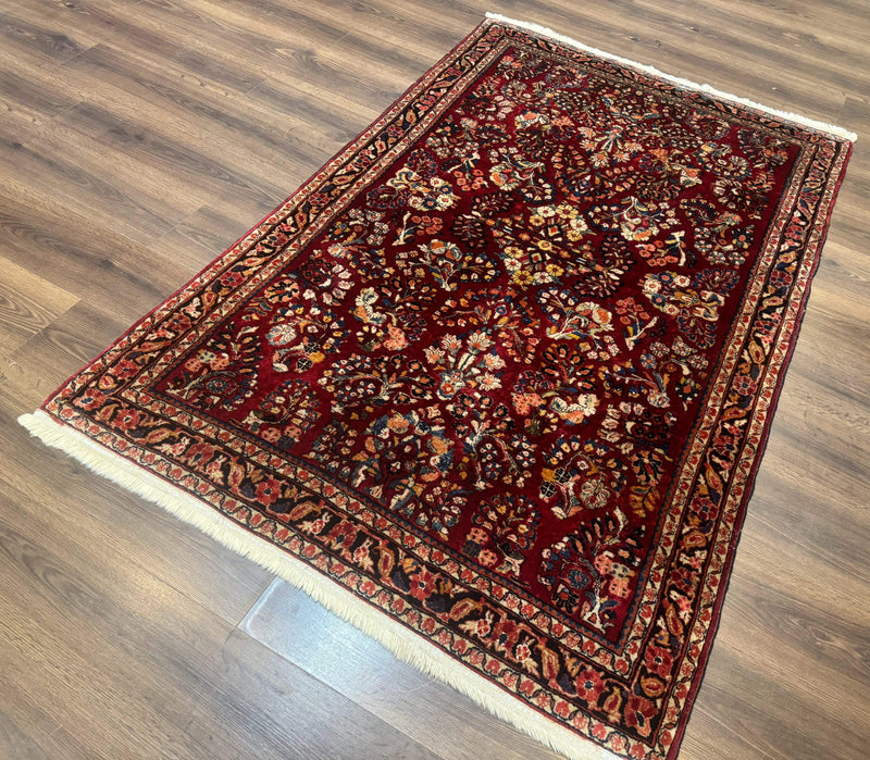 Antique Persian Sarouk Rug 4x6, Floral, Red, Wool Hand Knotted Fine 225 KPSI