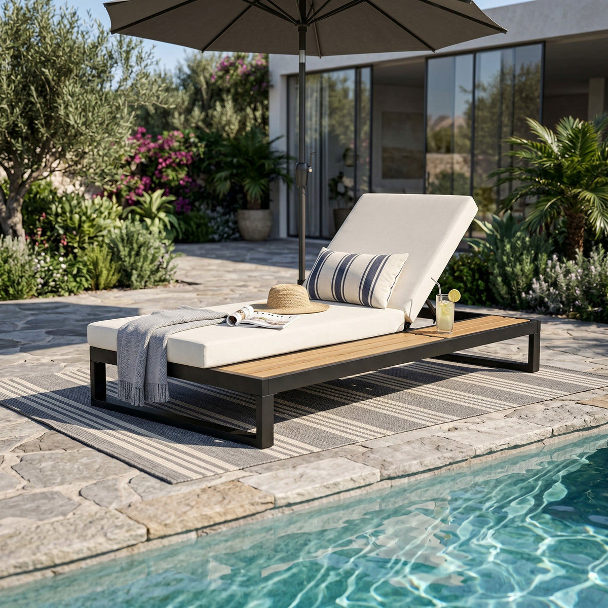 Black Iron & Teak Finish Chaise Lounge Set: 1 Frame + 1 2-Fold, photo 3 of 10
