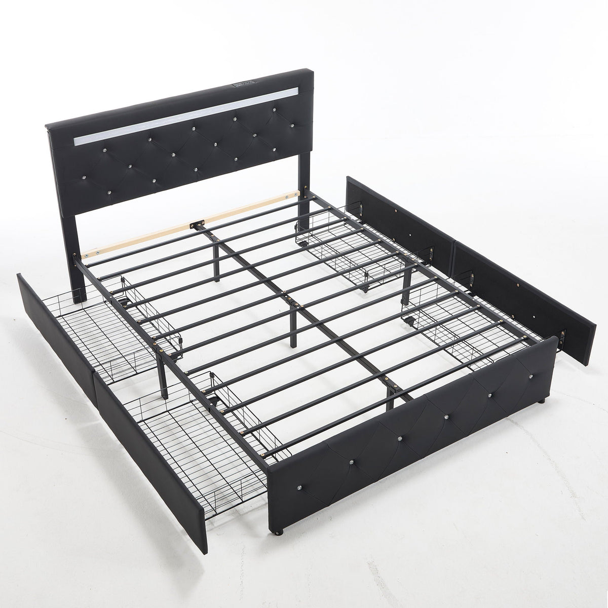 Upholstered Bed Frame With LED Lights, 4 Storage Drawers, Charging Station, photo 2 of 31
