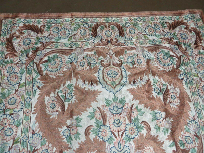 4' X 6' Vintage Embroidery Hand Stitched Rug Silk On Cotton India Backing Nice