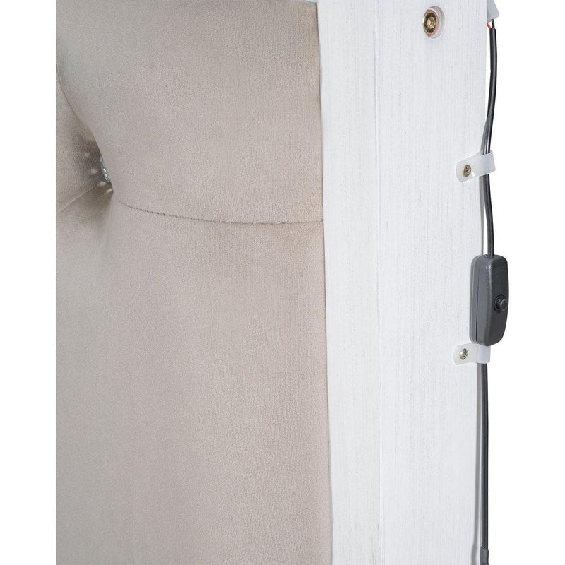 Wood Queen Size Platform Bed with Upholstered Headboard and LED and 2 Drawers, Antique White