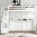 Full Long Loft Bed With Storage Staircase, Murphy Bed, LED Light - White by Unique Piece Furniture