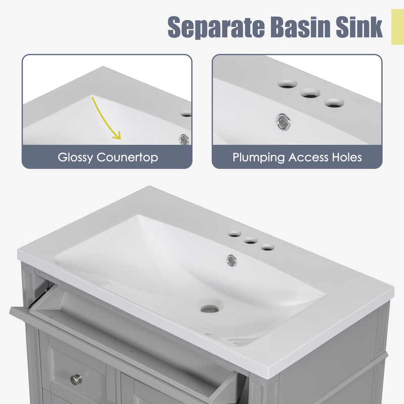 30" Bathroom Vanity with Top Sink, Modern Bathroom Storage Cabinet with 2 Drawers and a Tip-out Drawer, Single Sink Bathroom Vanity