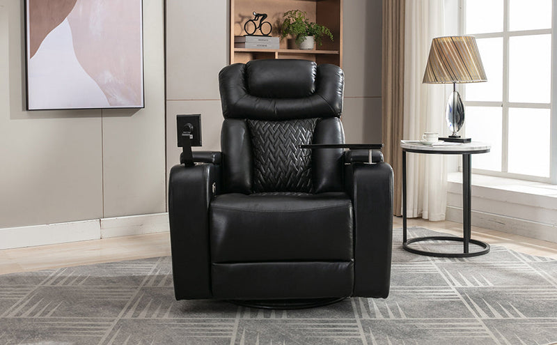 270 Degree Swivel PU Leather Power Recliner Individual Seat Home Theater Recliner with Comforable Backrest, Tray Table, Phone Holder, Cup Holder, USB Port, Hidden Arm Storage for Living Room, Black