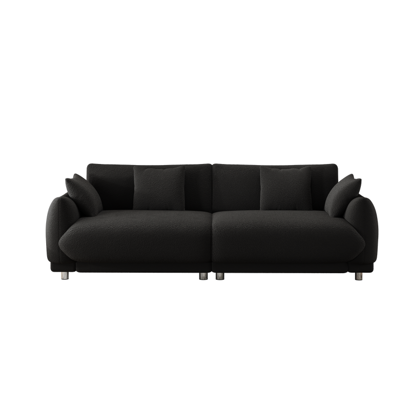 86.6 inch teddy fleece black sofa with four throw pillows hardware feet can be placed in the apartment bedroom to sit comfortably without taking up space
