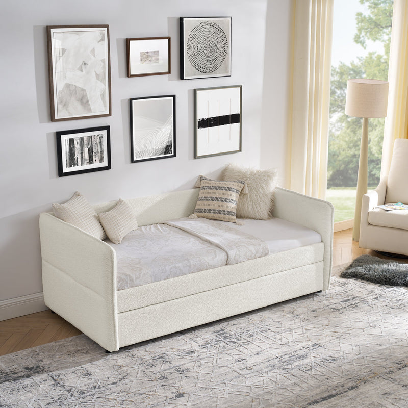 Daybed with Trundle Upholstered Tufted Sofa Bed, Twin Size, Boucle Fabric, Beige (83'x43'x29.5')