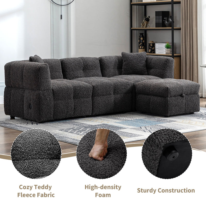 87.7" Sectional Sofa Cozy Teddy Fleece Fabric Sectional Sofa Couch with Two USB Ports a Movable Storage Ottoman and Two Lumbar Pillows for Living Room, Gray