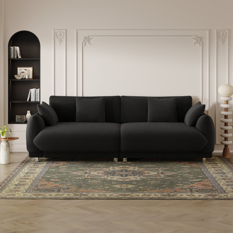 86.6 inch teddy fleece black sofa with four throw pillows hardware feet can be placed in the apartment bedroom to sit comfortably without taking up space