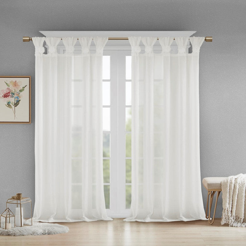 Floral Embroidered Cuff Tab Top Solid Curtain Panel