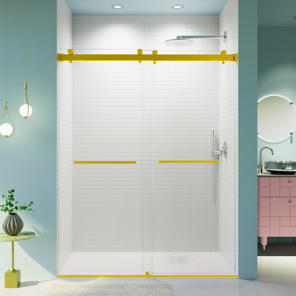 Frameless Double Sliding Shower Door In, Thick Tempered Glass, Reversible Installation, photo 5 of 16