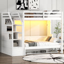 Full Long Loft Bed With Storage Staircase, Murphy Bed, LED Light - White by Unique Piece Furniture