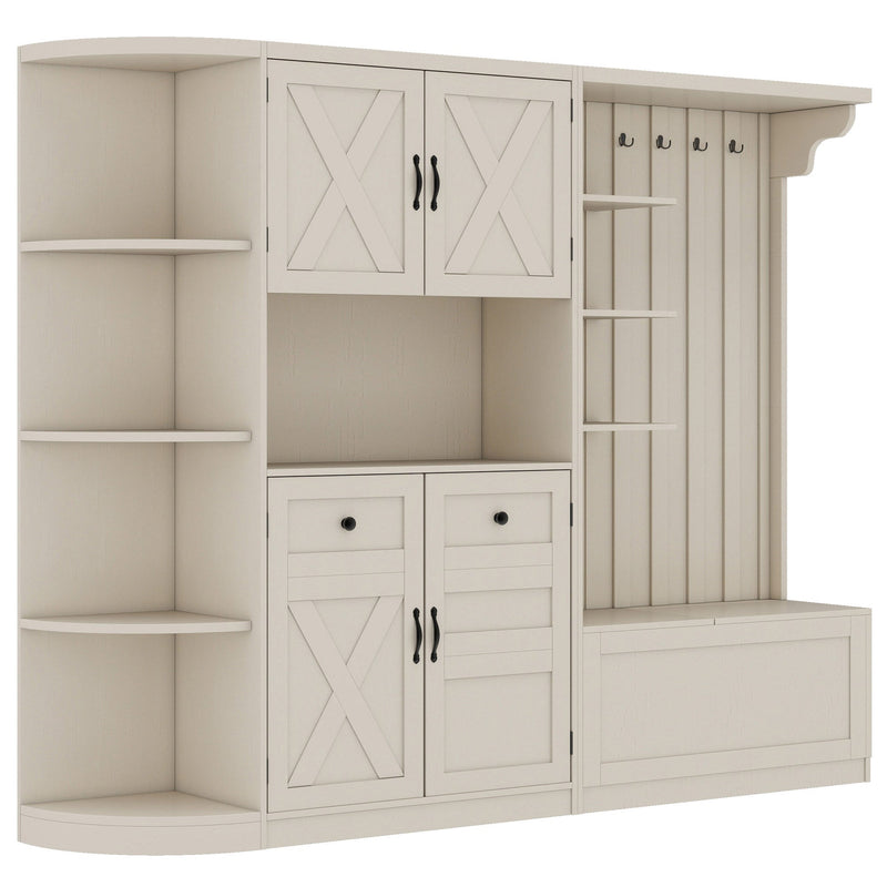 Multifunctional left-right combination hall cabinet (can be used separately) with storage and 4 hooks, storage cabinet/ hall tree 2 in 1 for living room, kitchen and hallway,antique Beige