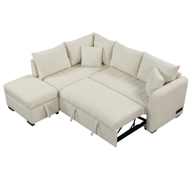 82.6" L-shaped Sectional Pull Out Sofa Bed Sleeper Sofa with Two USB Ports, Two Power Sockets and a Movable Storage Ottoman, Beige