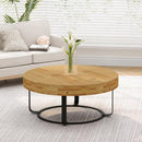 31.5" Modern round coffee table Wooden carving pattern coffee table with metal legs for living room reception room office Golden