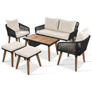 6-Piece Rope Patio Furniture Set, Outdoor Furniture with Acacia Wood Cool Bar Table with Ice Bucket, Deep Seat Patio Conversation Set with Two Stools for Backyard Porch Balcony (Black & Beige)