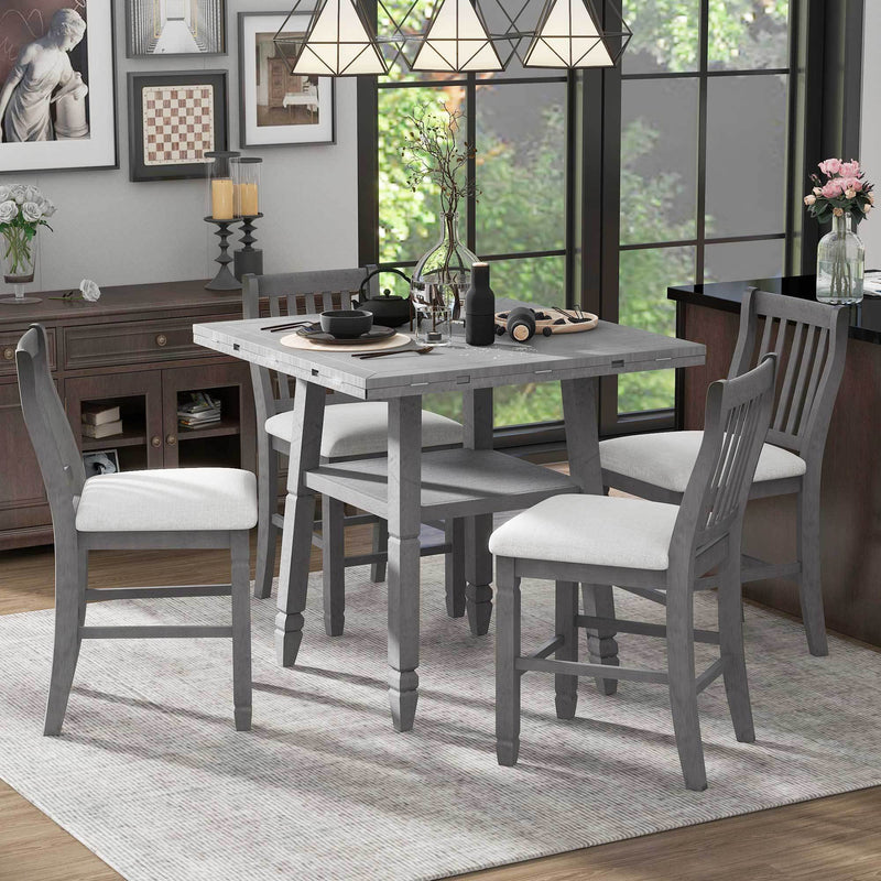 5-Piece Counter Height Dining Table Set in 2 Table Sizes with 4 Folding Leaves and 4 Upholstered Chairs for Dining Room (Gray+Beige Cushion)