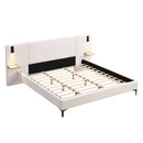 Chic Boucle Upholstered Bed with Integrated Lights and Shelves
