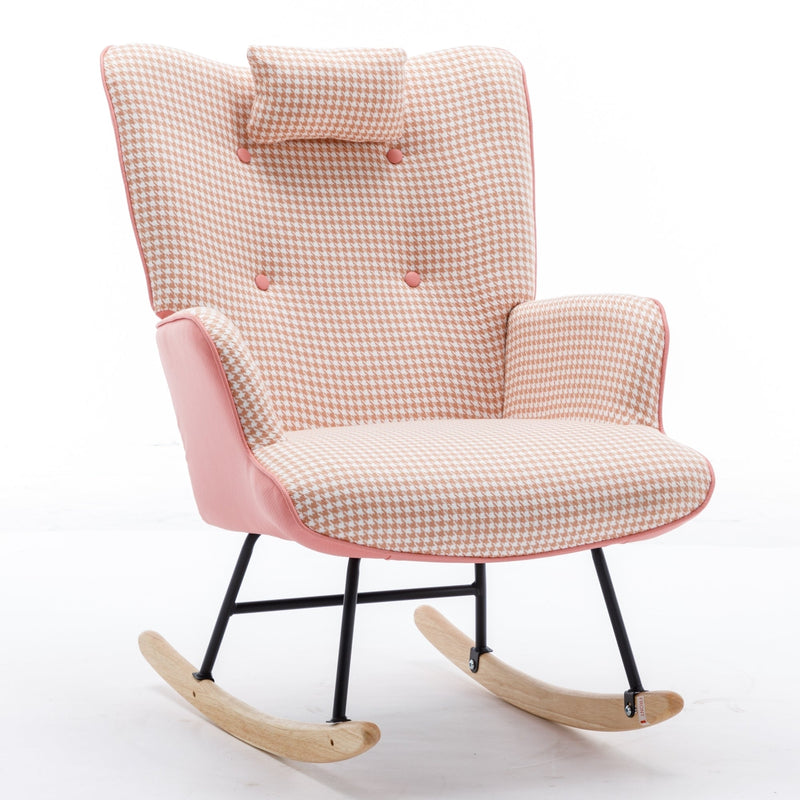 35.5 inch Rocking Chair, Soft Houndstooth Fabric Leather Fabric Rocking Chair for Nursery, Comfy Wingback Glider Rocker with Safe Solid Wood Base for Living Room Bedroom Balcony (pink)