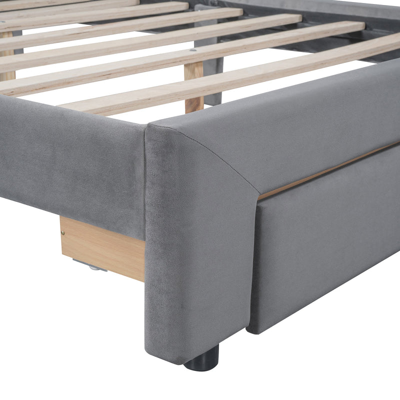 Walker Edison - Full Size Storage Bed Velvet Upholstered Platform Bed with a Big Drawer - Gray