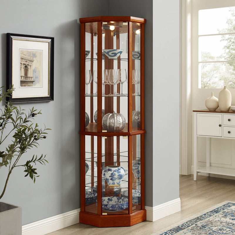 6 Shelf Lighted Corner Curio Cabinet with Adjustable Tempered Glass Shelves and Mirror Back, Oak