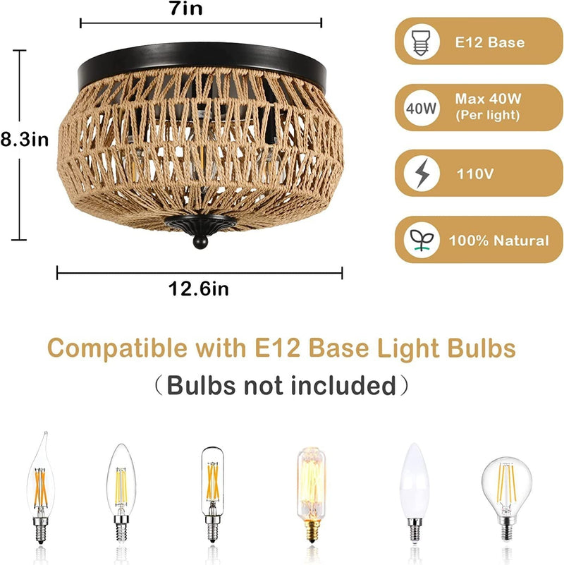 3-Lights Rattan Flush Mount Light