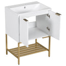 24" Bathroom Vanity with Sink, Bathroom Vanity Cabinet with Two Doors and Gold Metal Frame, Open Storage Shelf, White