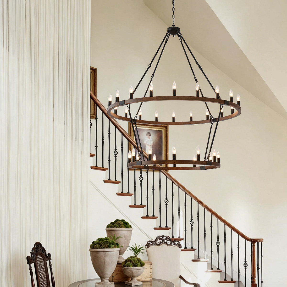 Large Solid Wood Wagon Wheel Chandelier, 2-Tier 32-Lights, photo 2 of 13