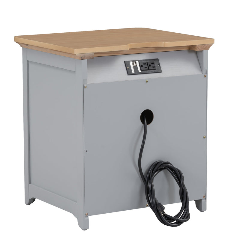 3-Pieces Bedroom Sets Queen Size Platform Bed with Nightstand(USB Charging Ports) and Storage Chest,Gray+Natrual