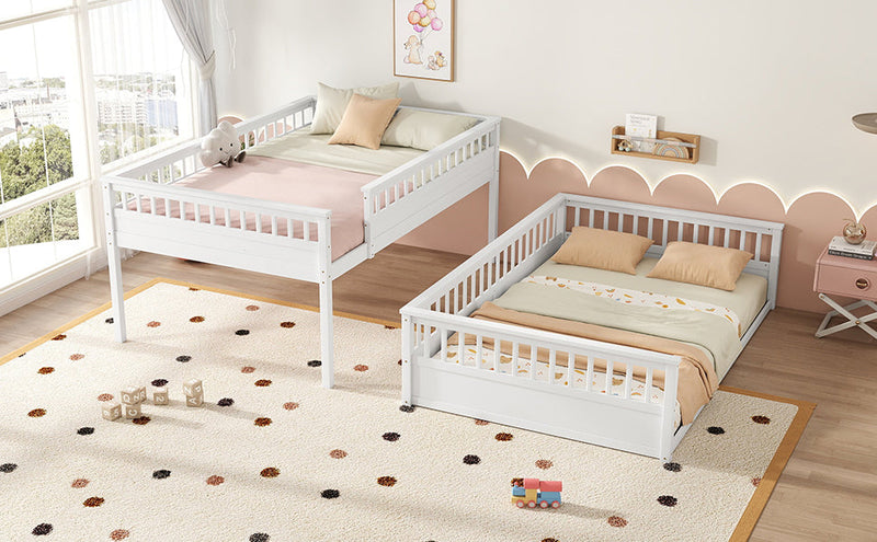 Queen over Queen Bunk Bed with Ladder and Guardrails, White