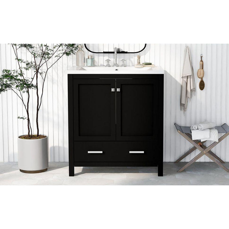30' Black Bathroom Vanity with Single Sink, Combo Cabinet Undermount Sink, Bathroom Storage Cabinet with 2 Doors and a Drawer, Soft Closing, Multifunctional Storage, Solid Wood Frame