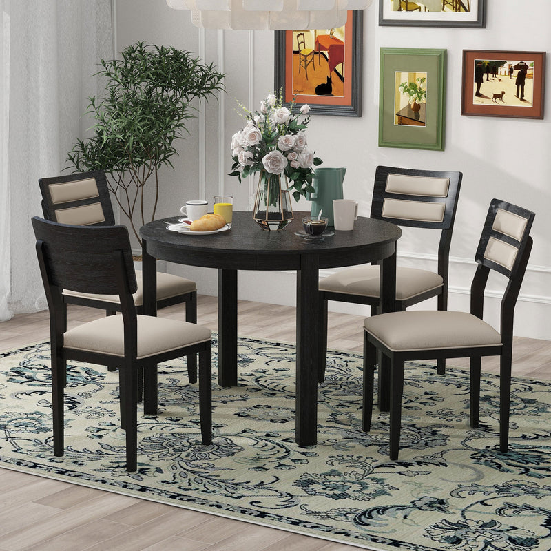 5-Piece Multifunctional Dining Table Set, Farmhouse Dining Set with Extendable Round Table,Two Small Drawers and 4 Upholstered Dining Chairs for Kitchen and Dining Room (Black)