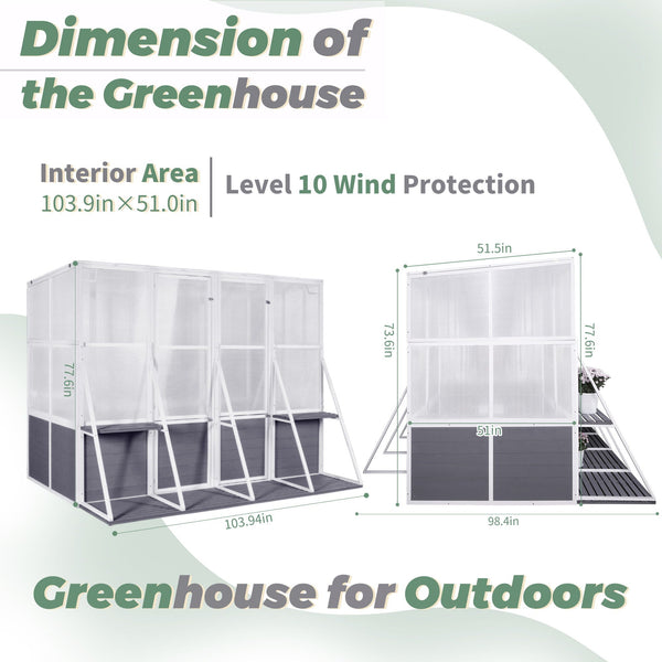 Greenhouse, Wooden Lean To Greenhouses For Outdoors, Heavy Duty Walk In Green House For Outside Winter, Large Hot House For Sunroom Storage Shed, Garden, Backyard - White / Gray, photo 2 of 7