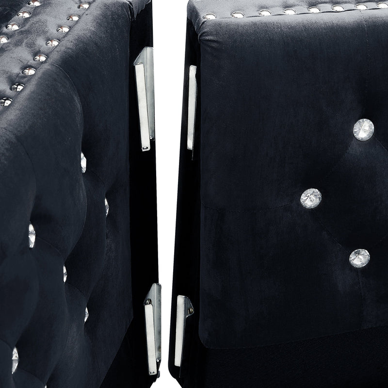 82.3" Width Modern Velvet Sofa Jeweled Buttons Tufted Square Arm Couch Black, 2 Pillows Included