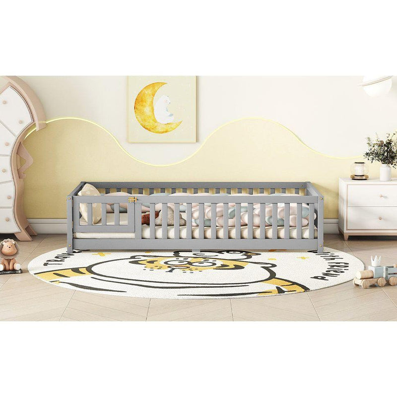 Twin Size Bed Floor Bed with Safety Guardrails and Door for Kids, Gray