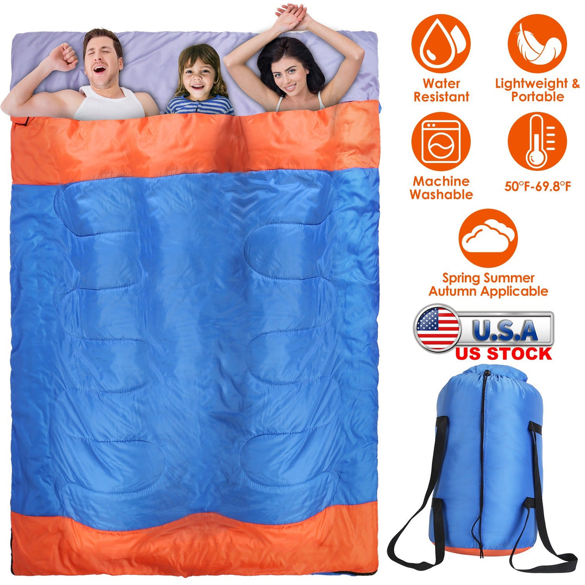 3 People Sleeping Bag for Adult Kids Lightweight Water Resistant Camping Cotton Liner Cold Warm Weather Indoor Outdoor Use 3 Season with Sack for Spri, photo 3 of 8