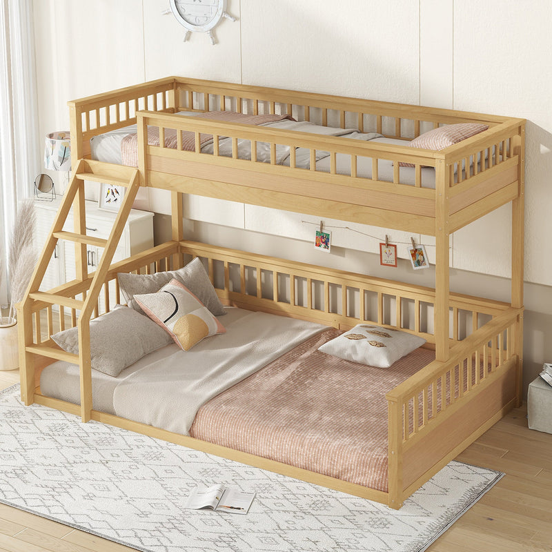 Twin XL over Queen Bunk Bed with Ladder and Guardrails, Natural