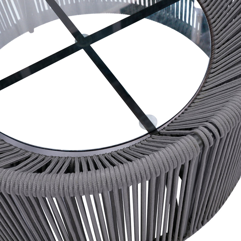 2-Piece Outdoor Sunbed and Coffee Table Set, Patio Double Chaise Lounger Loveseat Daybed with Clear Tempered Glass Table for the patio, poolside (Grey Cushion + Dark Grey Rope)