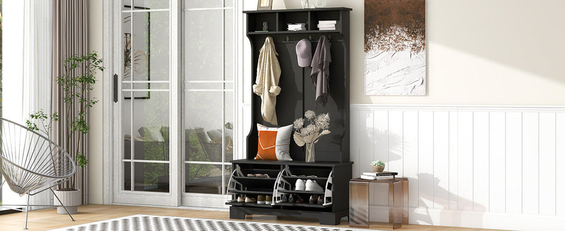 All in One Hall Tree with 3 Top Shelves and 2 Flip Shoe Storage Drawers, Wood Hallway Organizer with Storage Bench and Metal Hanging Hooks, Black