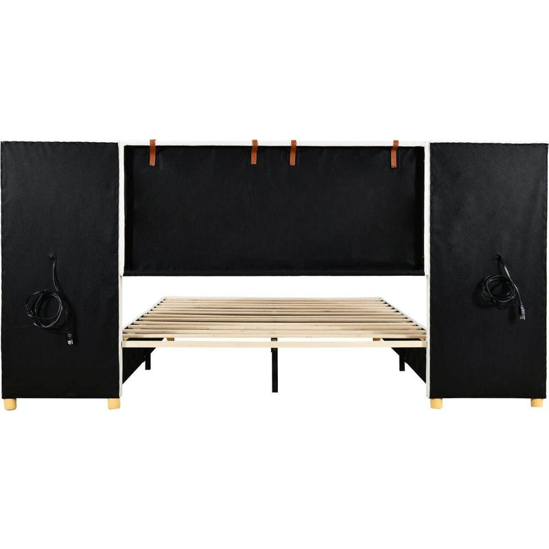 Full Size Upholstered Platform Bed, Two Outlets and USB Charging Ports on Both Sides, Two Bedside Pillows, Storage Shelves,Velvet,Beige