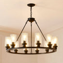 12-Light Black Wagon Wheel Chandelier, 31.5" Modern Farmhouse Glass Pendant