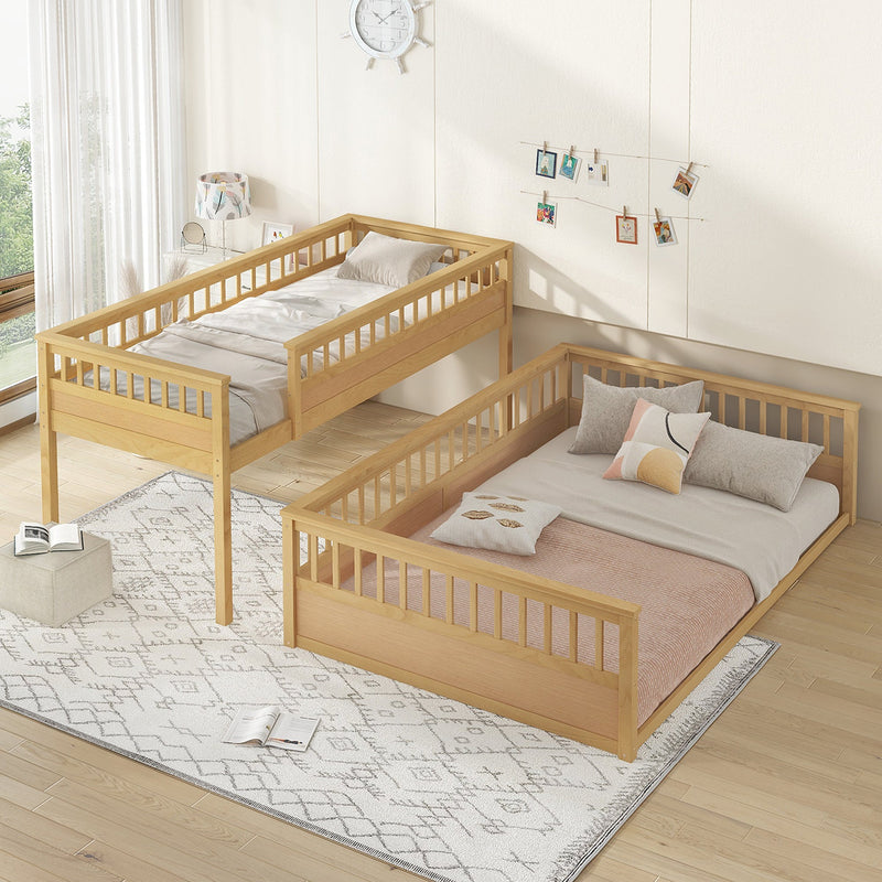 Twin XL over Queen Bunk Bed with Ladder and Guardrails, Natural