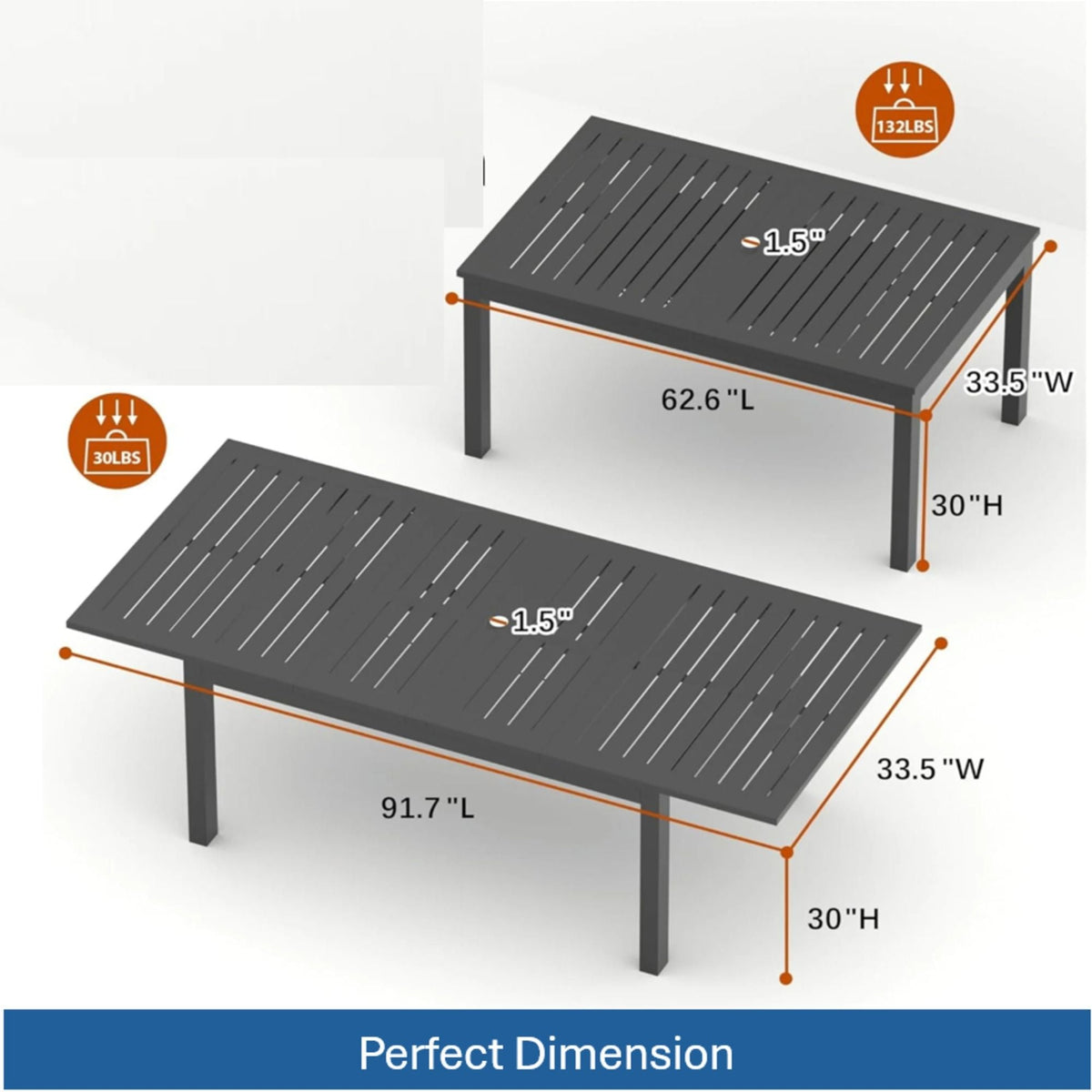 Extendable Outdoor Dining Table, All Weather, Slatted Top, Rust Proof - Gray, photo 2 of 15
