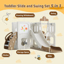 5 in 1 T oddler Slide and Swing Set, Kids Playground Climber Slide Playset with Drawing Whiteboard, Freestanding Combination for Babies